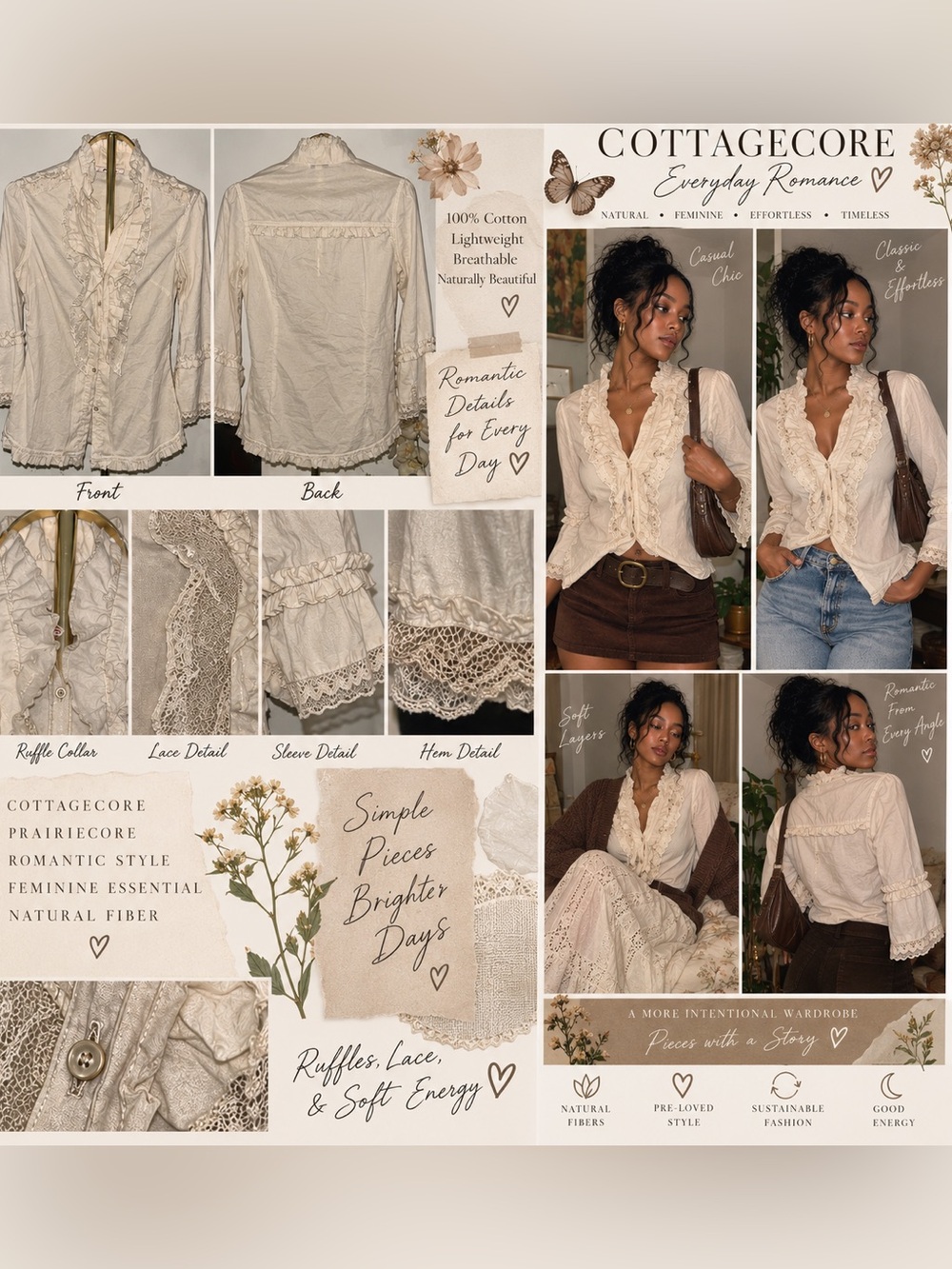 100% Cotton Ruffle Blouse | Coquette Cottagecore Prairiecore Lace Top